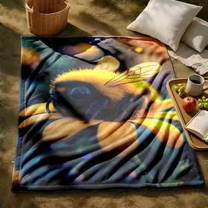 1 piece Bees collecting nectar and the natural beauty of floral ecology themed flannel blanket - Oversized comfortable fluffy sofa blanket, suitable for beds and sofas, modern geometric pattern design, all-season multi-purpose use, digital