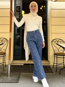 Muslim Women Fashion Womenswear Casual Everyday Beaded Hem Wide Leg Denim Jeans Pants, Elastic Fabric Spring Summer New, All Seasons Wear
