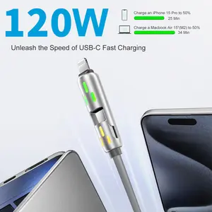 120W 4-in-1 USB-C Cable, PD 5A Fast Charging, Data Sync, USB-A, Type-C, Lightning, Compatible with iPhone 16/15/14/13/12, iPad, Samsung, Laptops Charger Connector Smartphone Cellphone Electronic