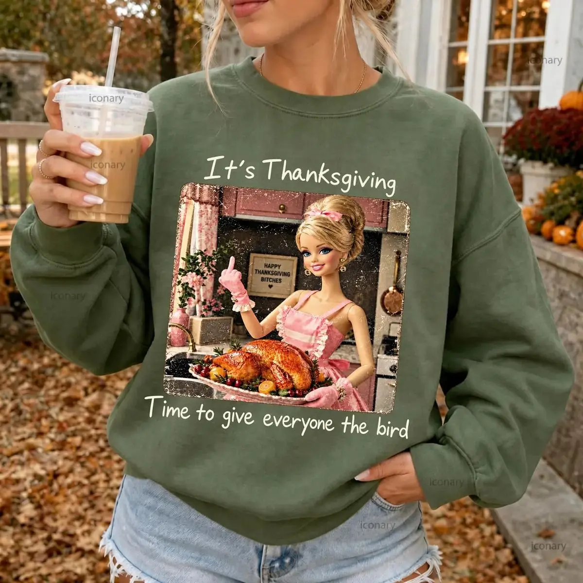 Gildan It's Thanksgiving Time To Give Everyone The Bird Sweatshirt, Funny Doll Face Crewneck, Trendy Thanksgiving Gift for Women, For Woman - Monogram Wear Shop