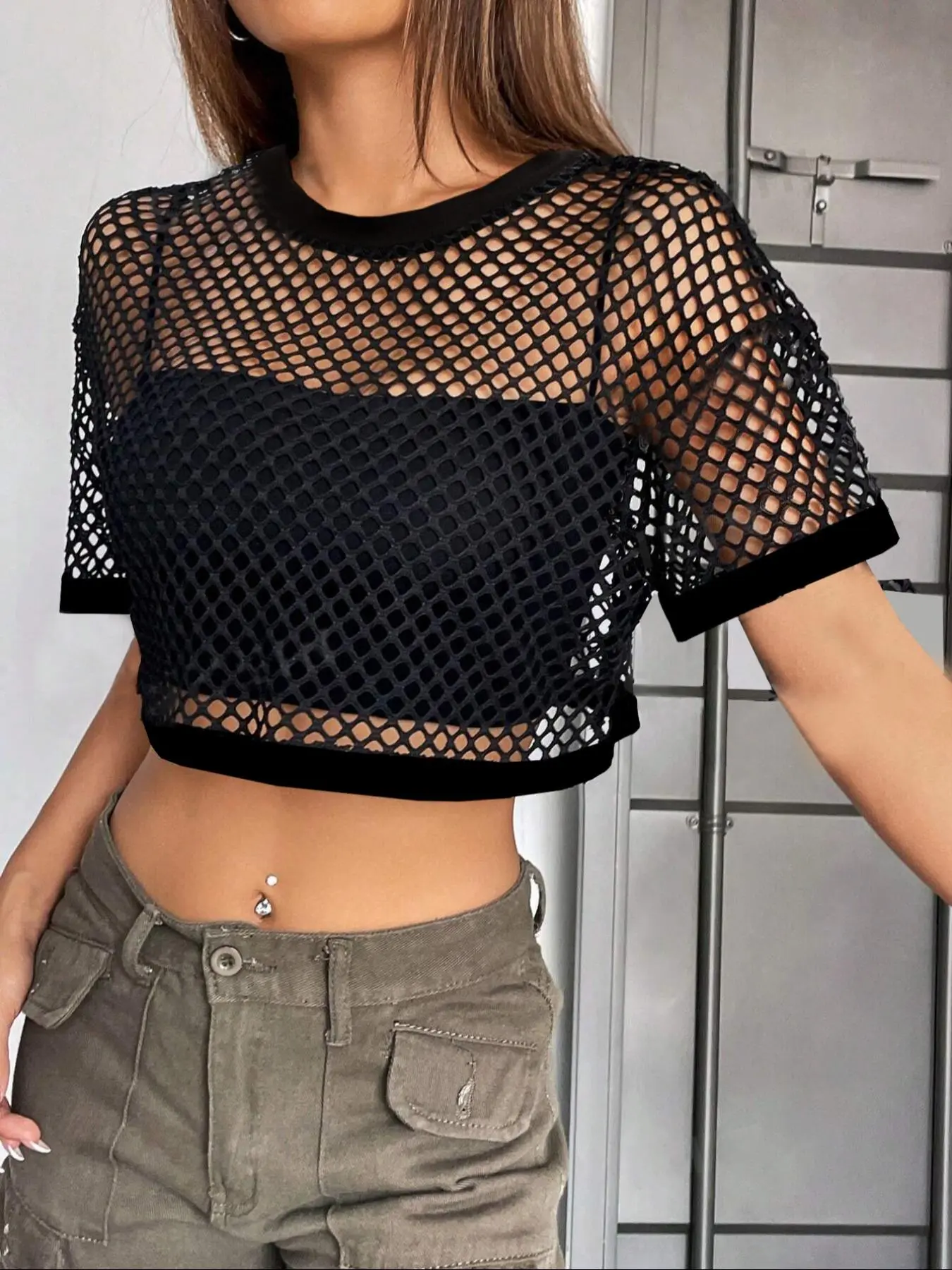 Women's Plain Hollow Out Sheer Crop Tee, Casual Drop Shoulder Short Sleeve Breathable T-shirt for Summer, Streetwear, Fashion, T Shirts for Women, Ladies Clothes for Daily Wear, Basic, Day, Womenswear, Tops