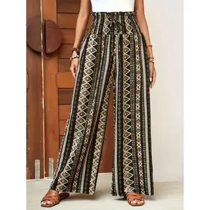 well enough Bohemian Ethnic Print Wide Leg Pants for Women - 100% Polyester Vacation Style with Shirred Waistband, Woven Lightweight All-Season Trousers Bottoms Fabric