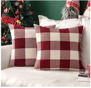 Pack of 2 Christmas Classic Farmhouse Buffalo Check Plaids Linen Soft Soild Decorative Square Throw Pillow Covers Home Decor Cushion Case for Sofa Bedroom 18x18 Inch, White and Red