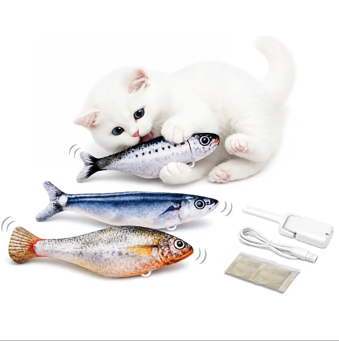 Rechargeable Flopping Plush Fish Cat Toy - Realistic Bite-Sized Sardine/Saury/Yellow Croaker, Auto-Activated Motion, 3 Flap Modes, Durable 71in Interactive Cat Entertainment Toy