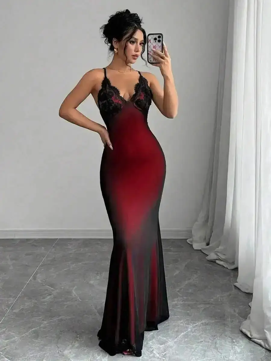 Chic Tummy-Flattering Women's Lace-Paneled Cross-Strap Sleeveless Knitted V-Neck Backless Criss-Cross Fishnet Mermaid Hem Bodycon Maxi Dress-Premium Fabric Formal Clothes Ideal for Prom seasonal musthave breezy style
