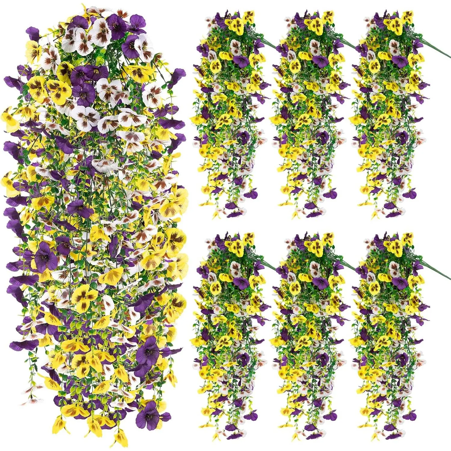6 PCS Artificial Hanging Pansy Flowers, Silk Flowers for Outside, UV Resistant Artificial Flowers for Outdoors, Faux Pansy Plants with Greenery for Home Patio Porch Garden Decor
