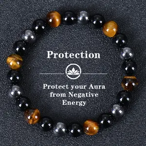 Triple Protection Bracelets for Women & Men, Healing Crystal Bracelet with Natural Stones for Energy Shielding, Grounding, Stress, & Negative Energy Protection, Fashion Versatile Design, Gift for Friends Mens