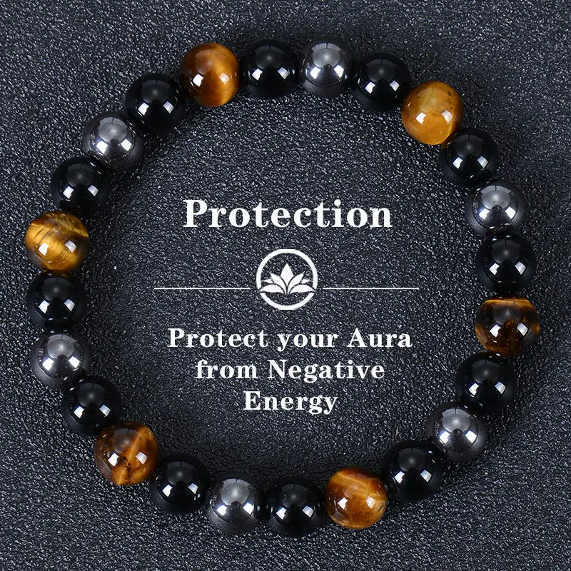 Unisex 10mm Beaded Crystal Bracelet - Natural Tiger's Eye, Hematite, Black Obsidian Triple Protection for Adults, 0.39in Beads, 7.87in Length, 1.2oz (35g), Energy Shielding, Grounding, Gift for Friends, 0.39 In
