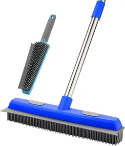 Rubber Broom Carpet Rake for Pet Hair Remover, Fur Remover Broom with Squeegee, Portable Detailing Lint Remover Brush, Pet Hair Removal Tool for Fluff Carpet, Hardwood Floor, Tile, Window (Blue)