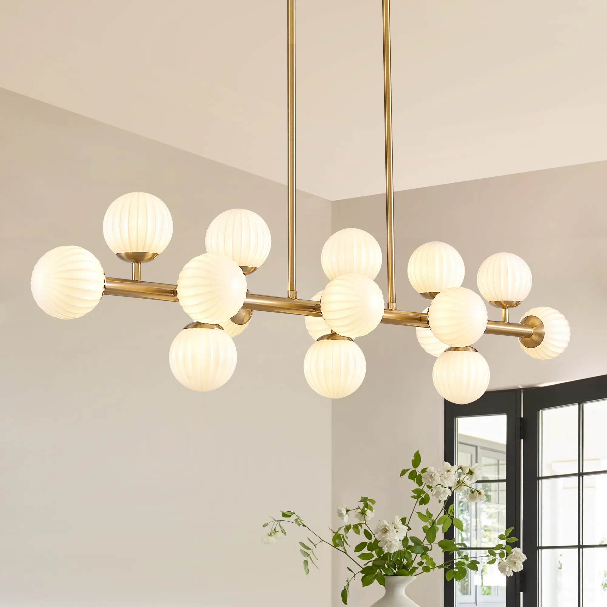 47.8" Large Linear Ambient Dimmable LED Chandelier - 16-G9 Bulbs, 3-Color Temperature G9 LED Bulbs, Height Adjustable Contemporary Glass Globe Sputnik Farmhouse Lamp for Dining Room, Kitchen Island, Home Decoration Light Fixture