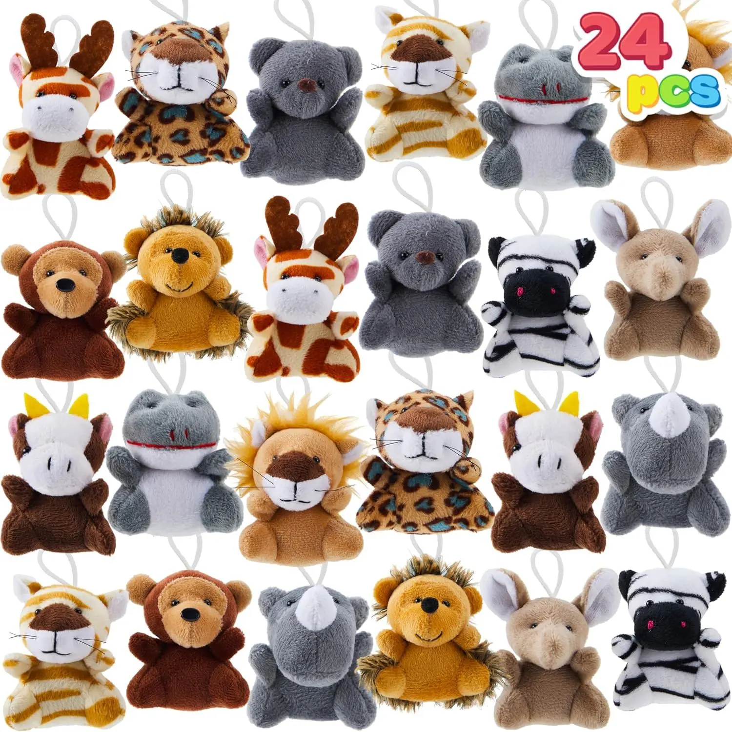 24 Pcs Unisex 3-in-1 Fabric Plush Keychain Stuffed Animals - Mini Safari Toys for Carnival Prizes, Animals & Nature Themed Party Supplies