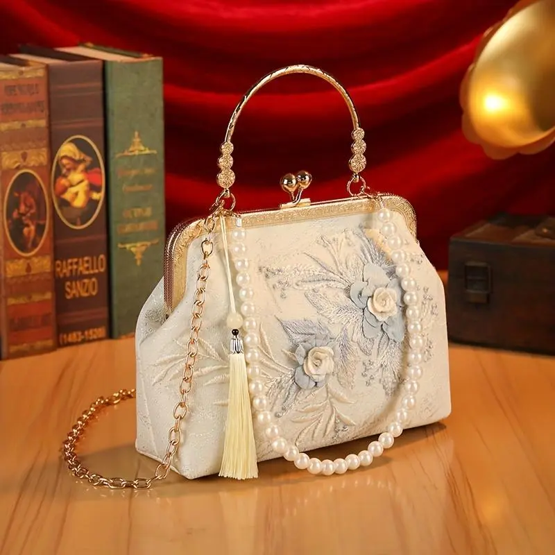 Women's Vintage Evening Clutch with Embroidery, Floral Lace Purse with Pearl Accents and Detachable Strap for Parties
