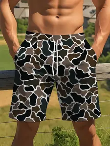 Men's Camo Printed Casual Shorts, Drawstring Shorts, Elastic Waistband Lightweight Breathable Knit Fabric, Geometric Pattern Street Style Summer Outdoor