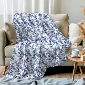 Beagle French Toile Blanket - Blue Toile de Jouy Cozy Throw Blanket for Beagle Mom, Chinoiserie French Country Gifts Dog Toile Plush Blanket