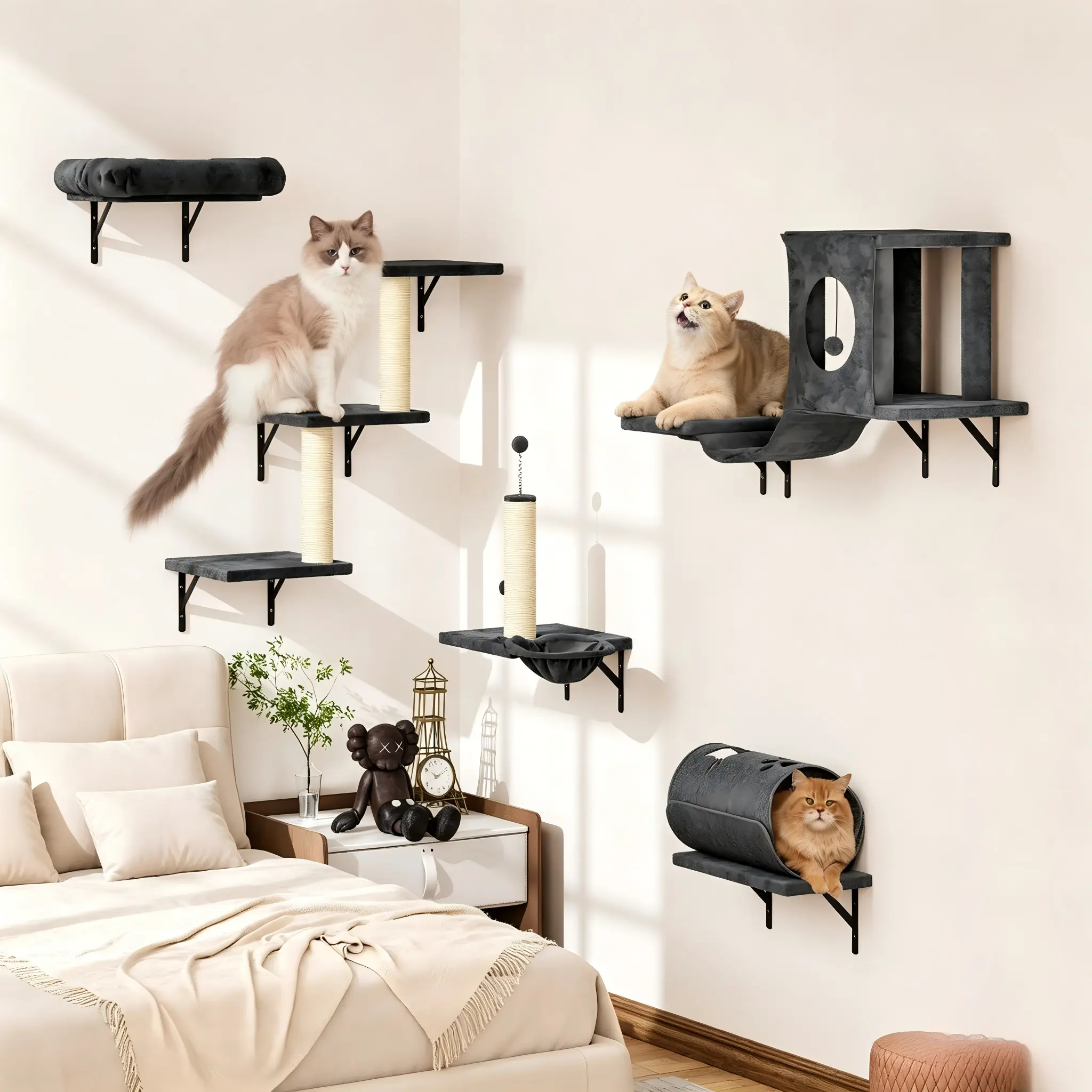 Bifanuo 7-Piece Wall Cat Shelf, Cat Wall Mounted Cat Climbing Shelf Set, Indoor Cat Furniture, Includes Cat Condo,Cat Wall Shelves, Cat Scratching Post, Cat Bridge Ladder, Cat Tunnel, Suitable for Cats of All Sizes