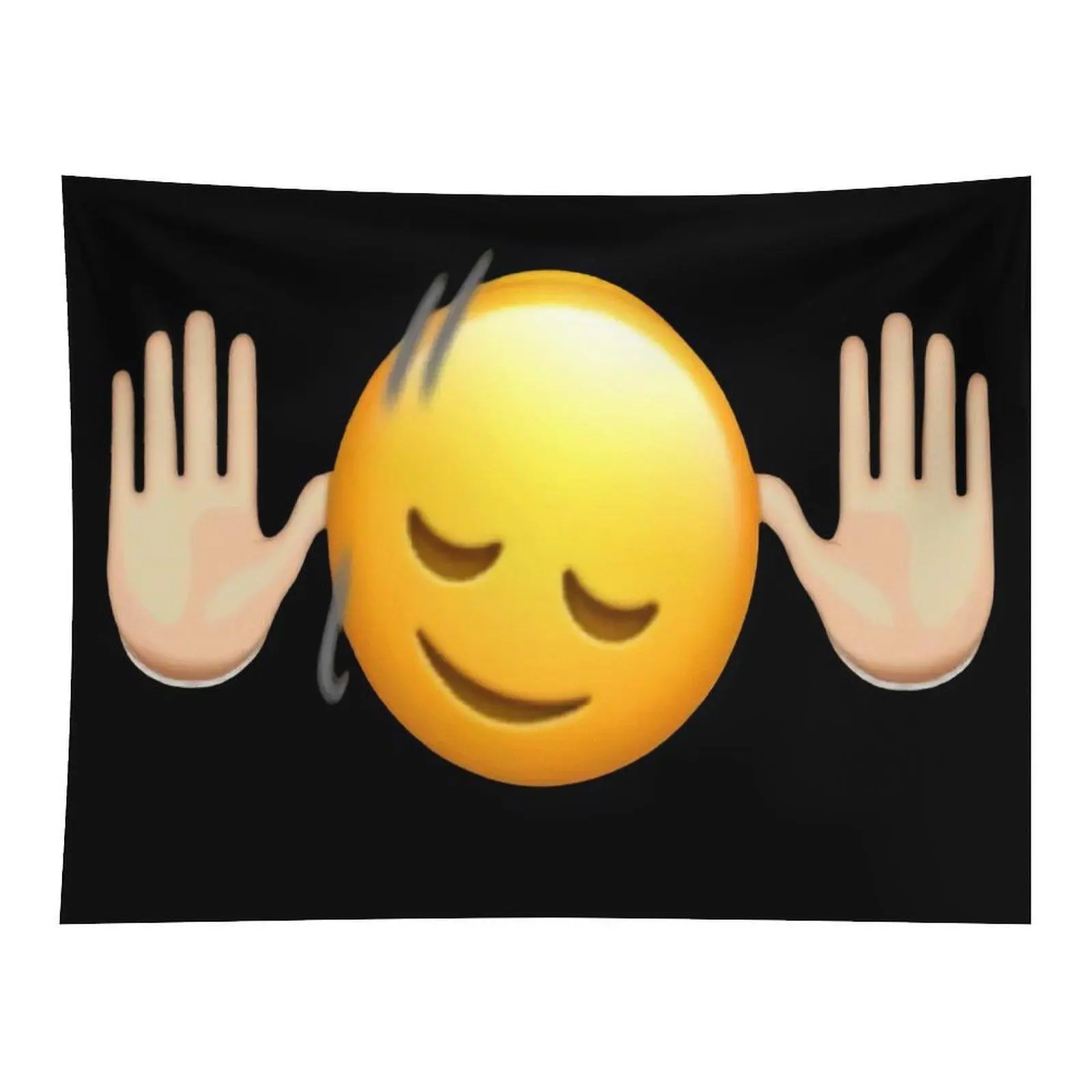 Chill Relaxed Smiling Emoji With Raised Open Hands Black Background Wall Tapestry For Modern Funny Bedroom Decor