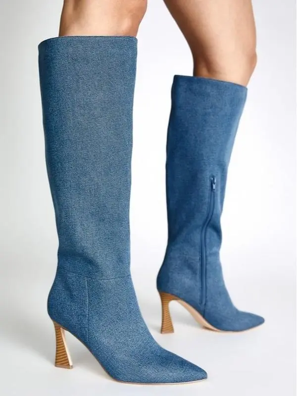 Women's Denim Knee-High Stiletto Boots - Footwear with Pointed Toe, Side Zipper, Wide Width & Calf Fit, Padded Arch Support, Comfortable Heels, Padded Sole