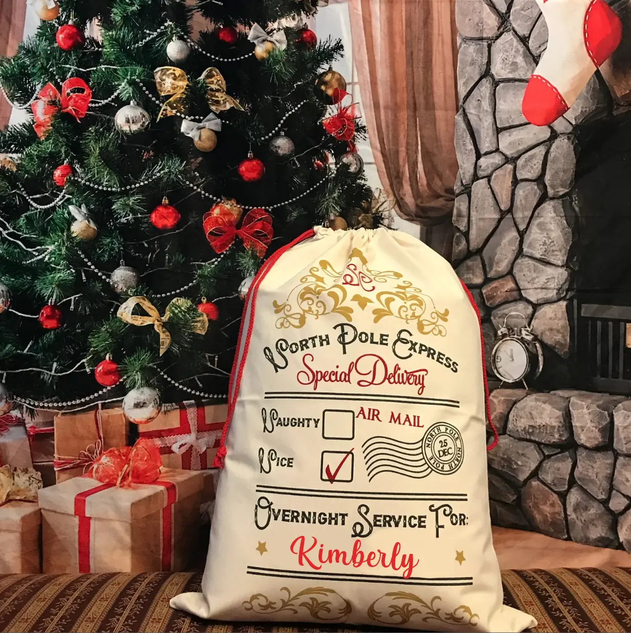 Personalized Christmas Santa Sack North Pole Express Special Delivery Naughty Nice Air Mail Overnight Service For Christmas Children Kids Holiday Elf