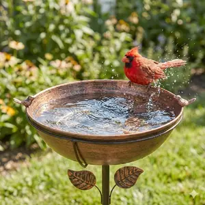 Extra-Large 1.4 Gallon Outdoor Bird Bath Basin 13.6-inch Removable Basin with41.6-inch Overall Height Pet Bird Outdoor Bath Basin Heavy-Duty Cast Iron Construction Includes 2 Cast Iron Bird Ornaments Easy to Clean Five-Prong Ground Spike for Enhance outdo