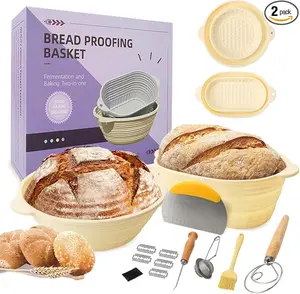 Silicone Bread Proofing Basket, 9 Inch Round &10 Inch Oval Foldable Banneton Baskets for Sourdough,Complete Baking Kit for Bread Making With Tools, Easy to Clean and Storage (Beige 9'' Round+10''Oval) Bakeware Utensils