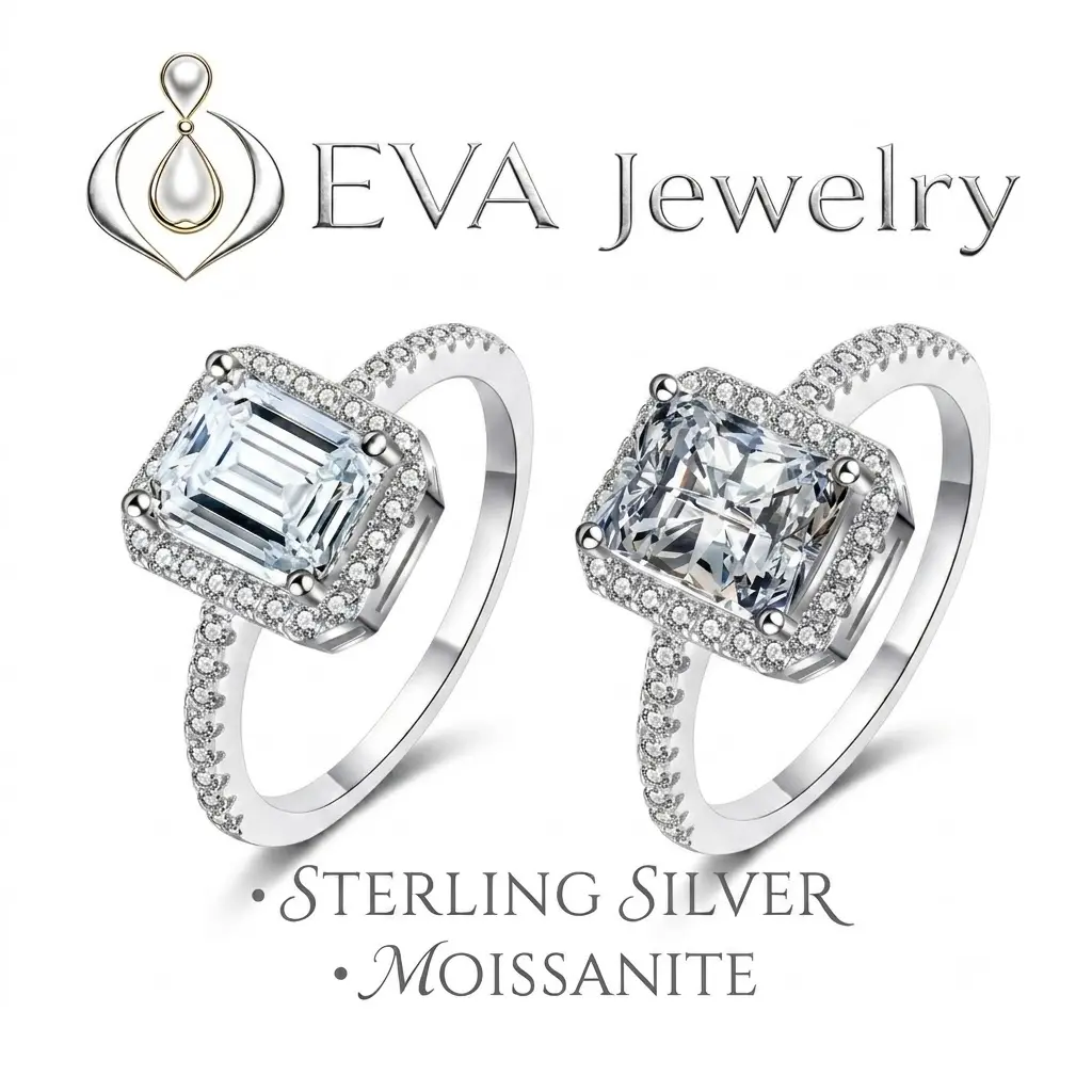 [EVA Jewelry] Emerald/ Radiant Cut 1/2CT  925 Sterling Silver Synethic Moissanite Ring