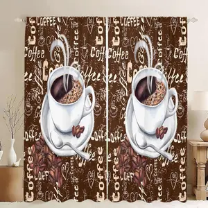 Coffee Themed Pattern Curtain, 2 Counts/set Retro Coffee Cup Text Pattern Door Curtain, Window Curtain for Home Living Room Bedroom Study Room Kitchen