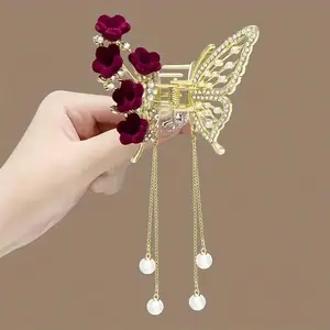 Elegant Alloy Butterfly Hair Clip with Sparkling Rhinestones and Faux Pearls, Vintage Velvet Flower Design, Ideal Holiday Gift for Women, Festive Gift Idea, Hair Clip Set