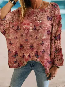Women's Butterfly Print Long Sleeve Knit Top, Elegant Vacation Hollow Out Batwing Sleeves, Loose-Fitting Sweater, All over Print
