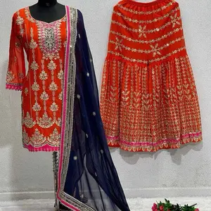 NEW ARRIVAL GEORGETTE EMBROIDERY CODING SEQUENCE WORK TOP PALAZZO WITH DUPATTA ORANGE SIZE M Womenswear