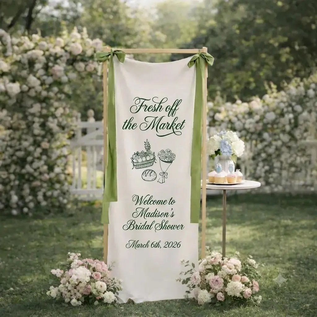 Bridal Shower Banner, Fresh Off The Market Theme Sign, Personalized Welcome Linen Decor