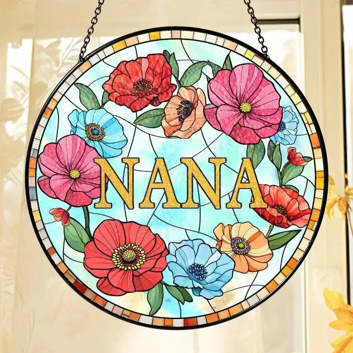 Personalized Floral Stained Glass Suncatcher, Custom Nana Window Hanging Decor, Grandma Gift from Family, Mother’s Day Birthday Keepsake, Aesthetic