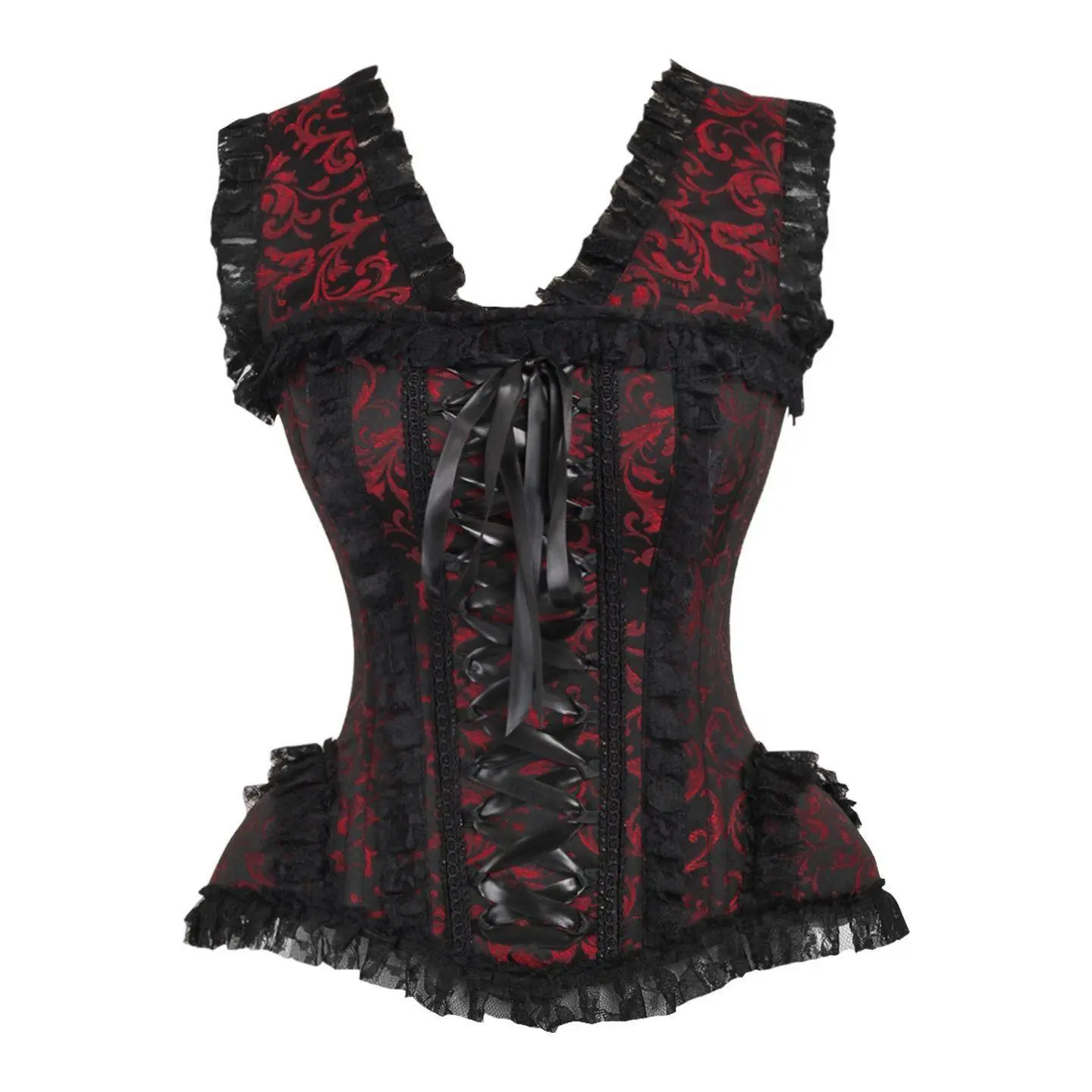 LIMITED EDITION Top Drawer Red/Black Swirl Brocade & Lace Steel Boned Corset w/Cap Sleeves
