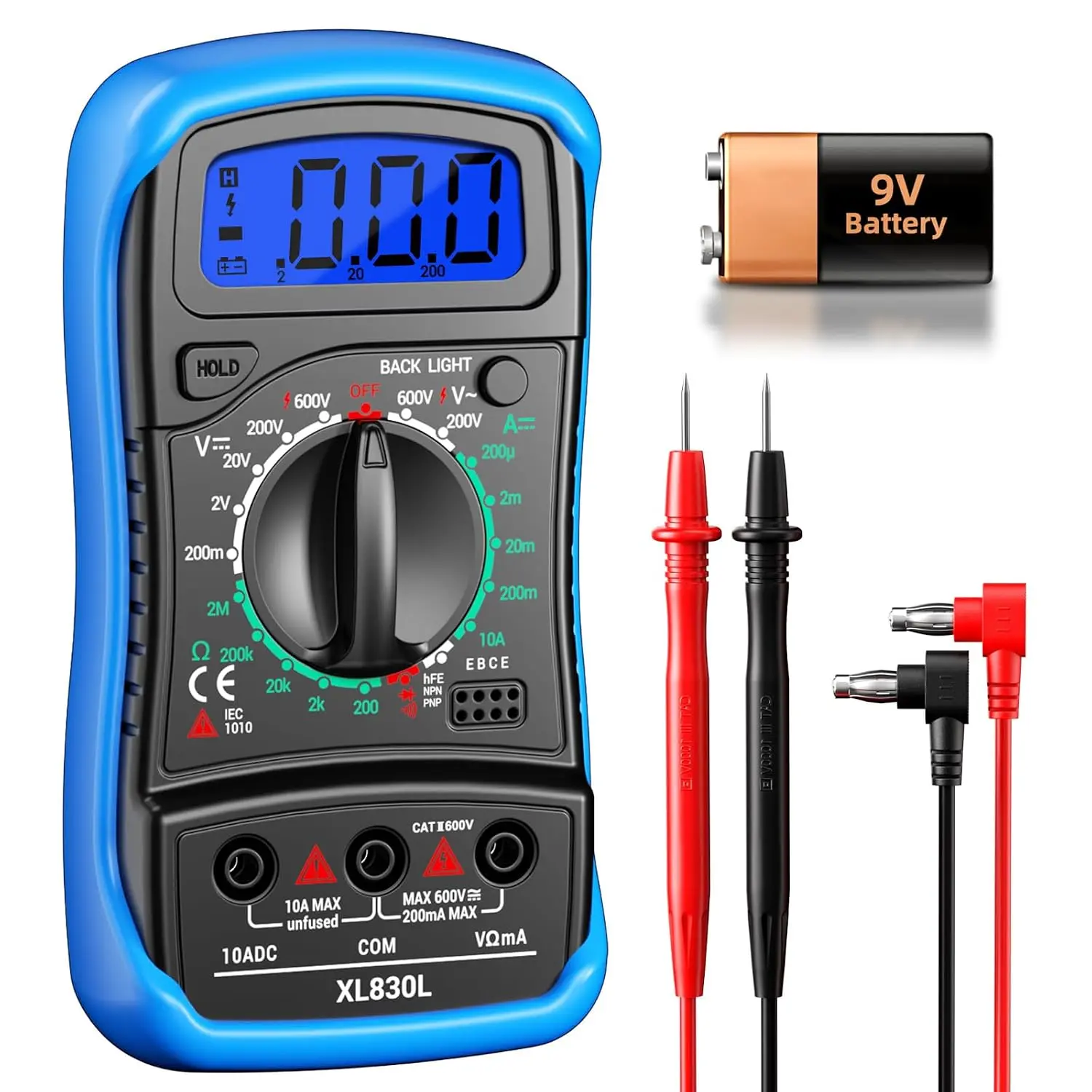 Digital Multimeter with Case,Voltmeter Ammeter Ohmmeter AC/DC Voltage,DC Current,Resistance,Diode hFE Transistor,Backlit Screen,Data Retention,Multi Tester for DIY Home Electrical Testing Blue