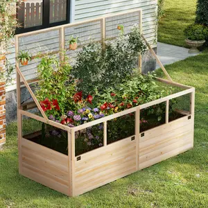AMERLIFE Raised Garden Bed with Hinged Fencing and Trellis, 18 Inch Deepened Wood Planter Box, 2 PCS Flip-up Front Panel, Easy Assembly, Ideal for Seed Starting and Growing Vegetables & Fruits