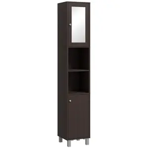 kleankin Tall Bathroom Storage Cabinet with Mirror, Wooden Freestanding Tower Cabinet with Adjustable Shelves for Bathroom or Living Room, Distressed Coffee