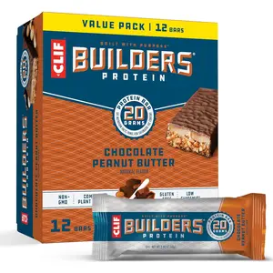 CLIF BUILDERS Protein Bars - Chocolate Peanut Butter Flavor - 20g Plant Based Protein - Gluten Free - Non-GMO - Low Glycemic - No Artificial Sweeteners - Value Pack, 2.4 oz. (12 Count)