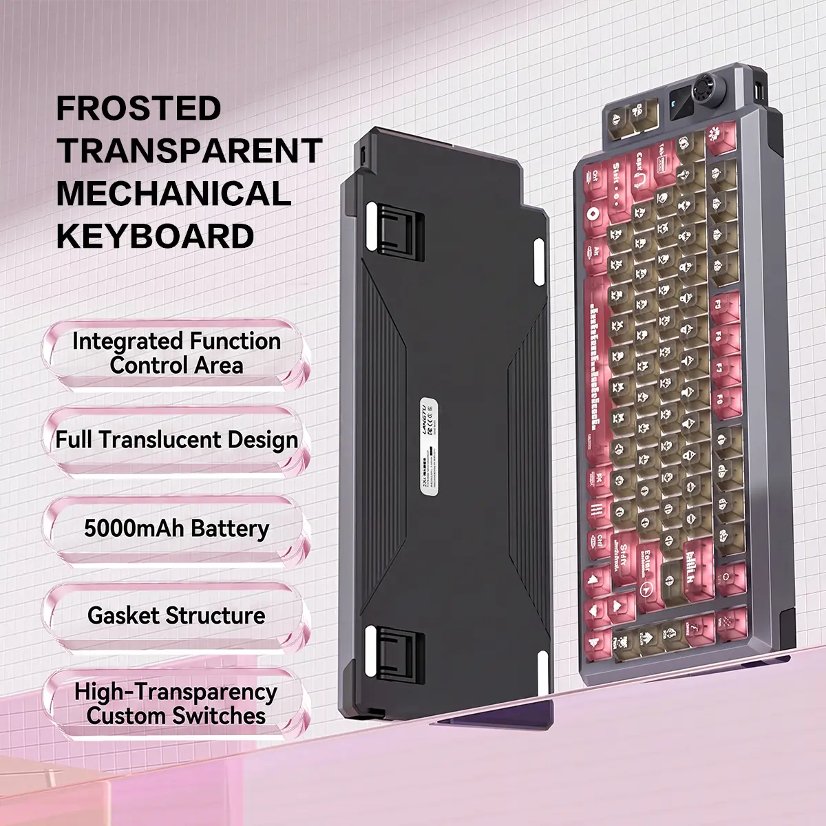 Wireless Mechanical Keyboard with Tri-Mode Connectivity, Frosted Transparent Keycaps, RGB Lights, Full Spectrum, Hot-Swappable Switches, 5000mAh Rechargeable Battery, Mini Display Screen, Bluetooth, 2.4G Wireless, USB-C Wired for PC, Mac, Office & Gaming