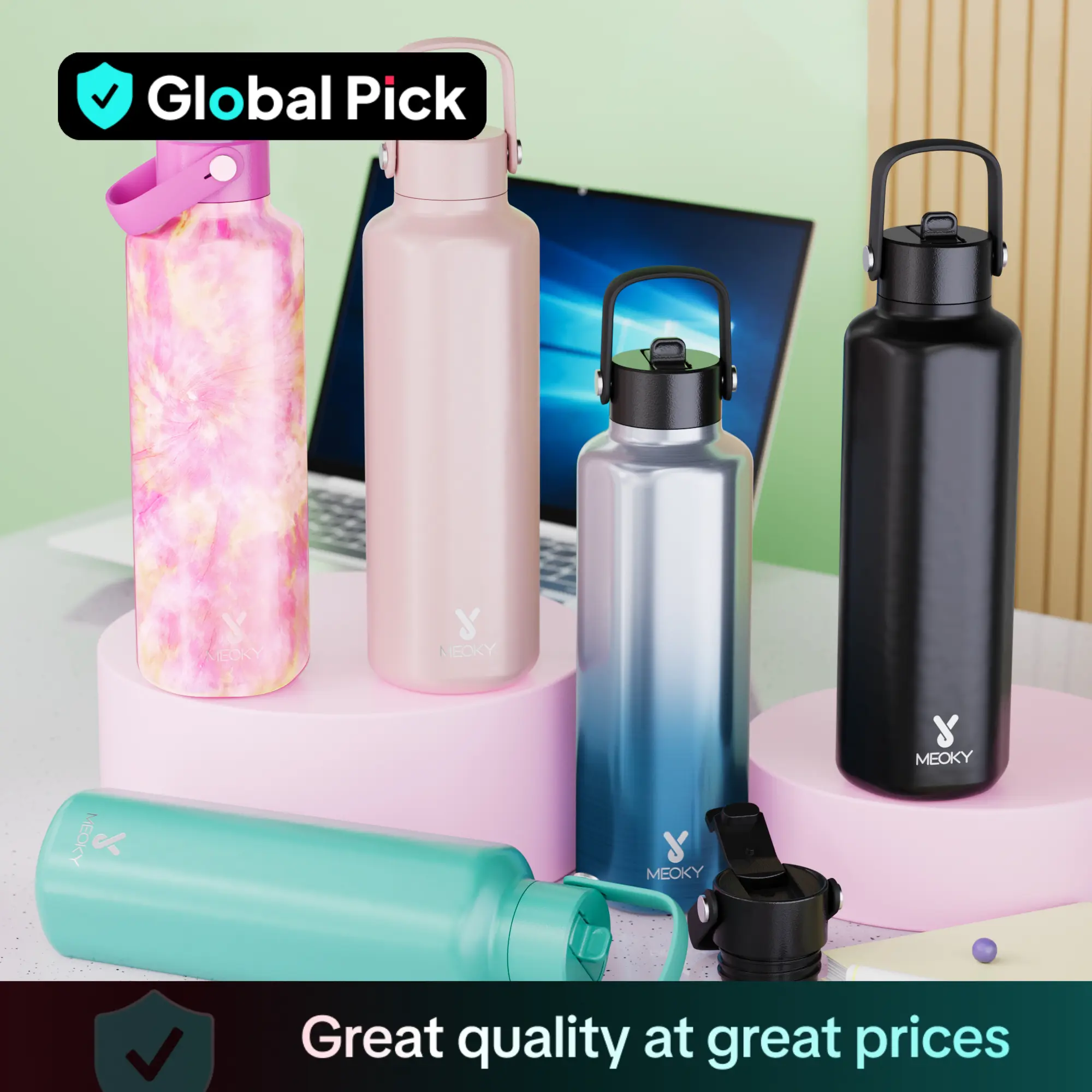 【Meoky】stainless Steel Vacuum Flask, 1 Count Double Lid Hexagonal Insulated Water Bottle with Silicone Handle, Travel Accessories, Summer Cool Bottle