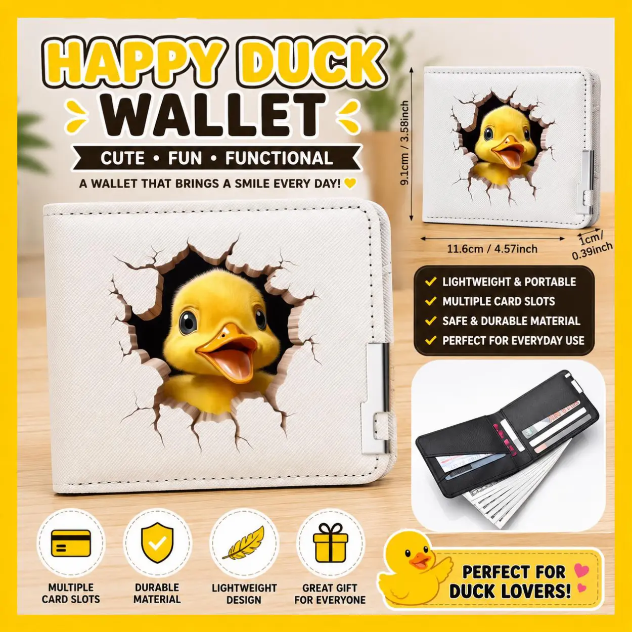 Happy Duck Wallet – Cute Duck Breakthrough Bifold Wallet, Lightweight Card Holder Wallet, Cruise Duck Jeep Duck Gift