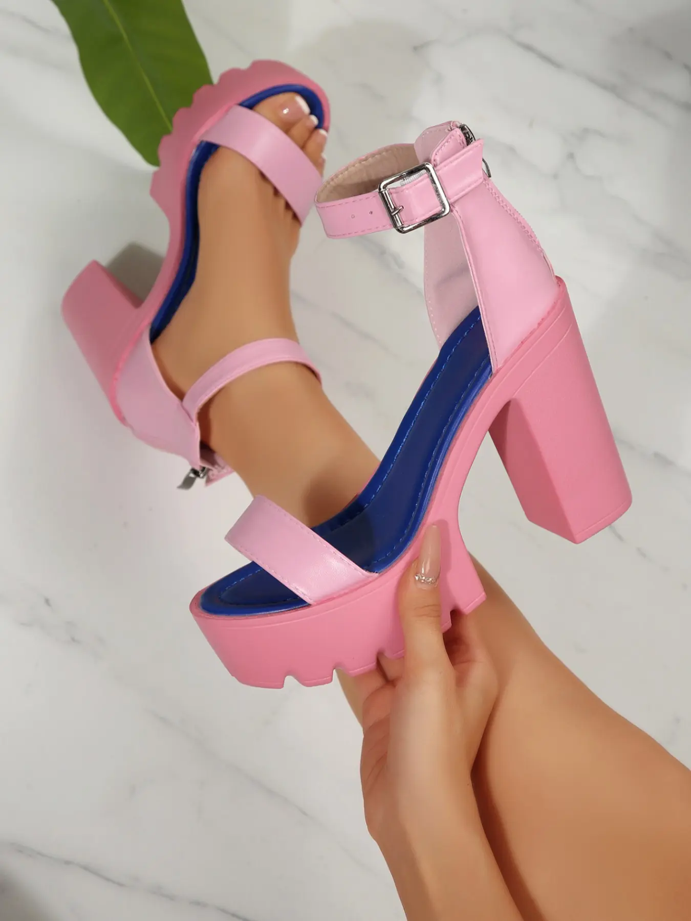 Women's Dopamine Candy Color Strap Chunky Heel Thick Sole Sandals, Party Footwear Short Height Summer Outdoor High Heels, Casual PU Shoes, Ankle Strap Sandals, Block Heel