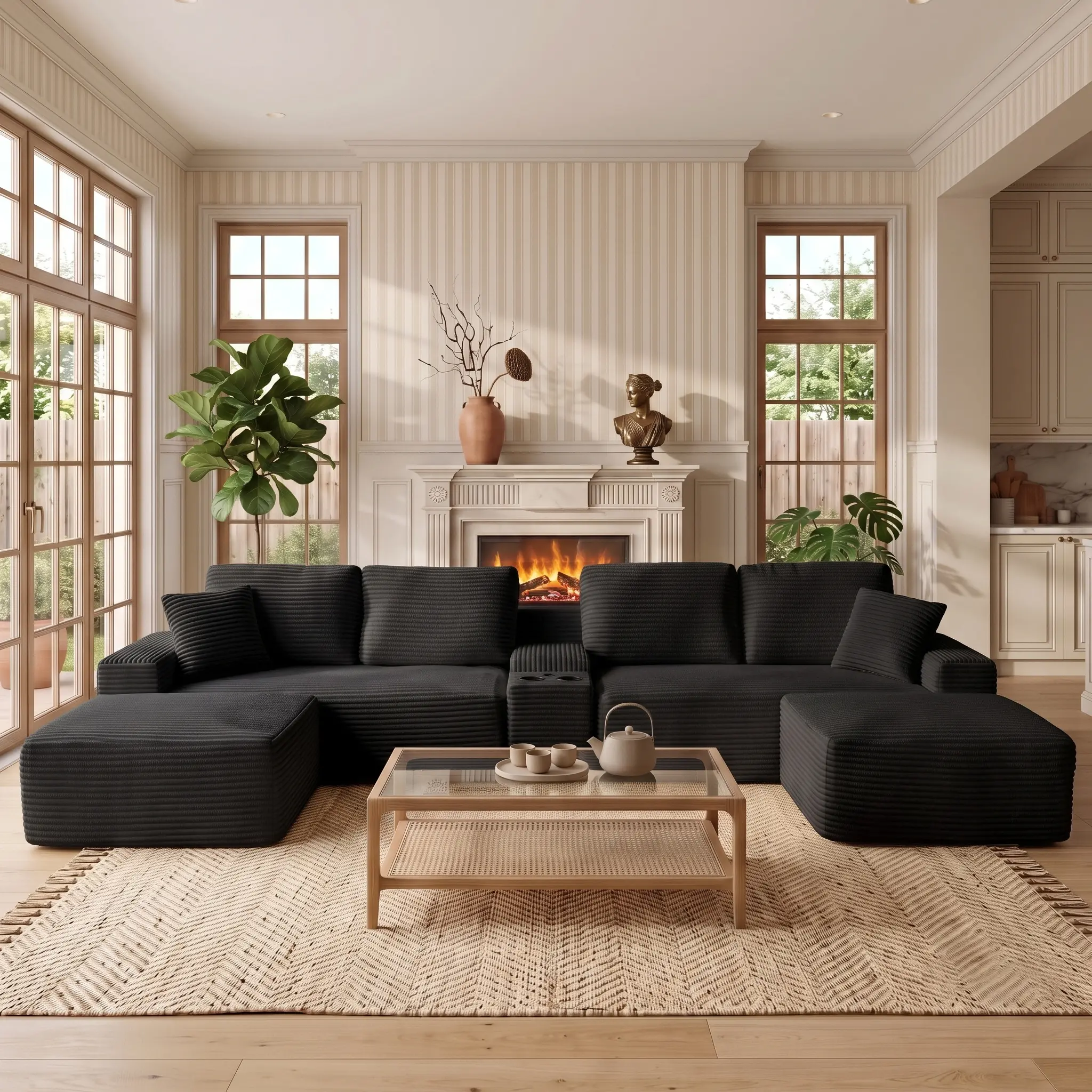 Eyisean 140"/150" U-Shape Corduroy Modular Sectional Sofa - 4-Seater No-Assembly Smart Cloud Boneless Couch with USB Ports, Cup Holders, Storage, Deep Seat | Living Room Furniture, Couches for Living Rooms, Clean Look, Minimal Chic, Boneless Couches, Fixe