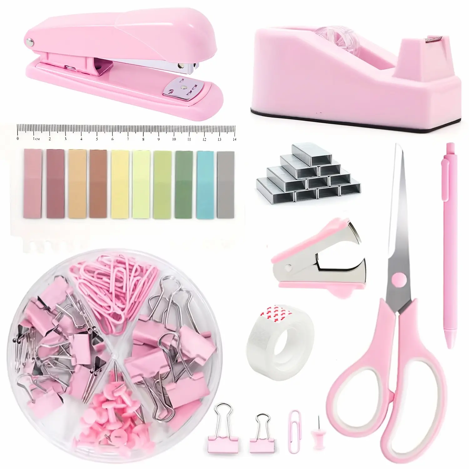 10pcs Macron Stationery Set, School Supplies, Desk Accessories, Pink Office Supplies, Stapler, Tape Dispenser, Scissors, Clips, and 1000 Staples, Pens, Erasers