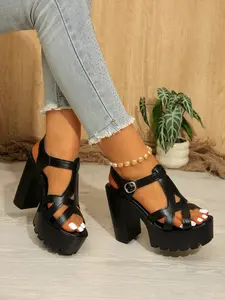 Ladies' solid color high-heeled sandals, cross strap design, super high heel platform sandals, comfortable and fashionable, suitable for daily wear