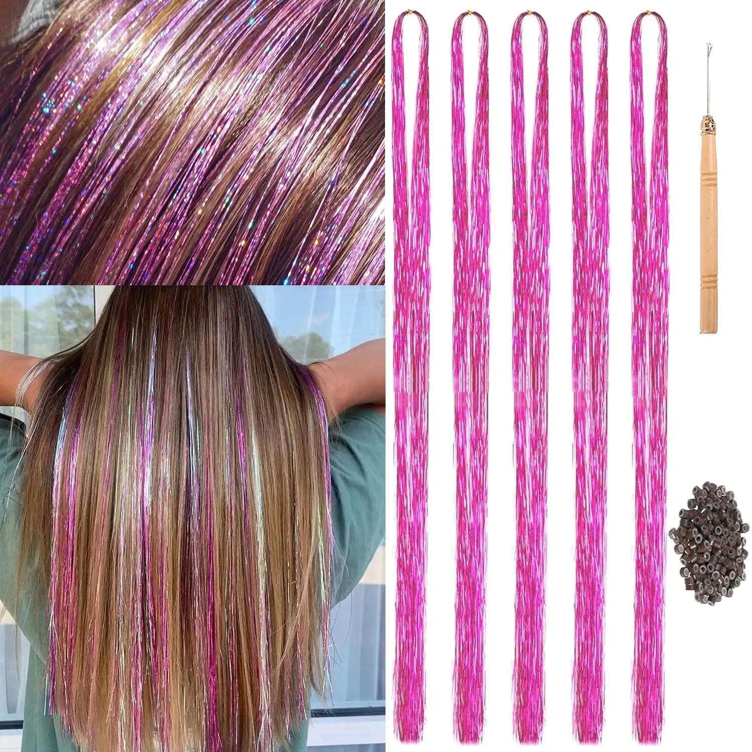 " Holographic Hair Tinsel Kit Shining  Professional Sparkle Heat-Resistant Silk Extensions, Easy to Apply, Hair Accessories for Girls, Party Hair, Gifts for Girls (1000 Strands, Shining )