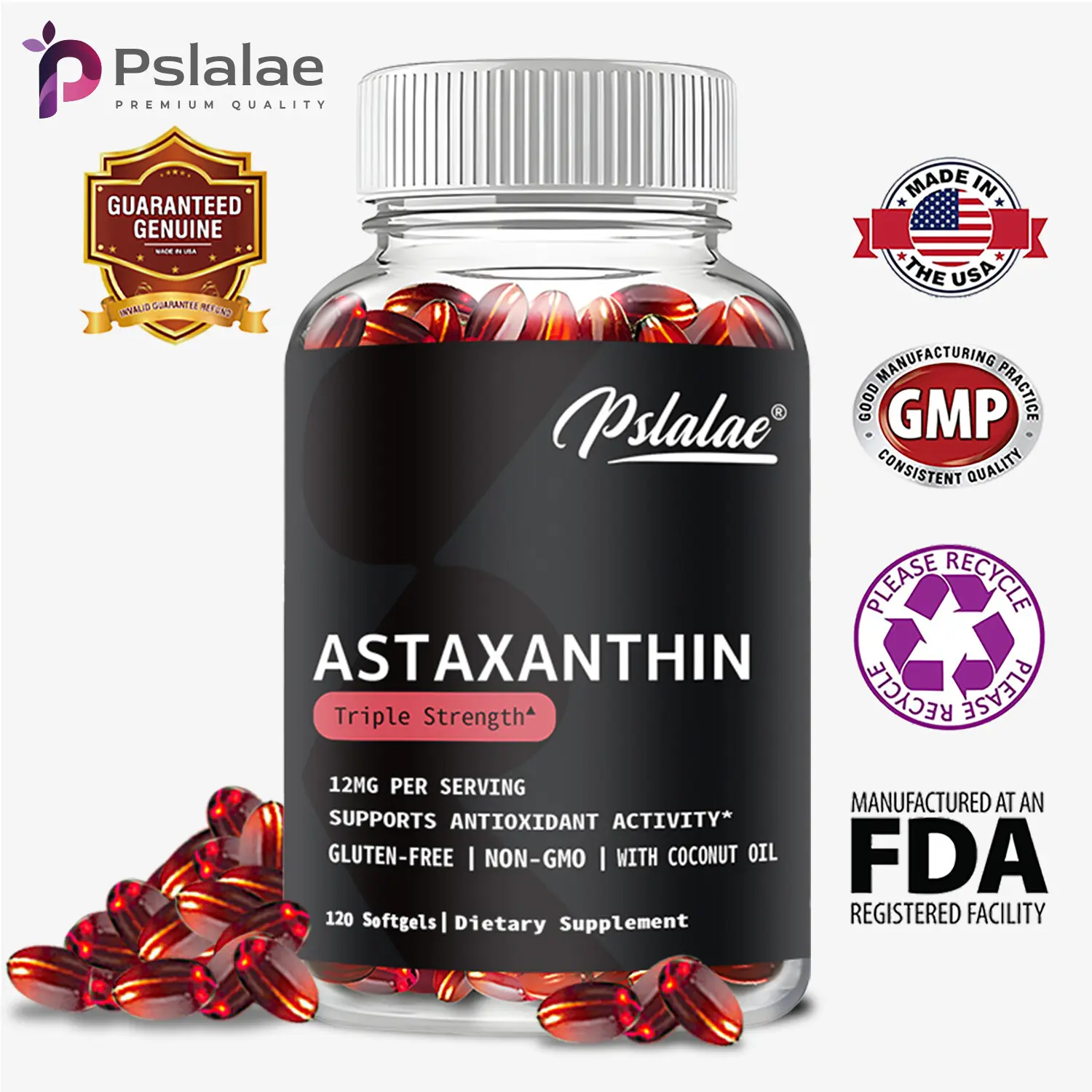 Astaxanthin 12mg Capsules for Heart & Cardiovascular Health, Antioxidant Support with Organic Coconut Oil, Daily Dietary Supplement