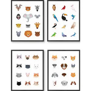 Animal Face Chart for Kids Set of 4 - Artistic Wall Decor Print for Room Aesthetic and Vibe