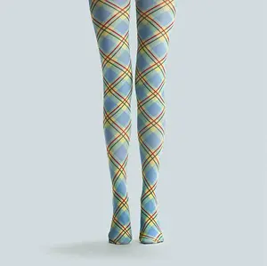 Viken Plan College Art Print Tights Colored stripes Pantyhose/Tights [Sky blue check]