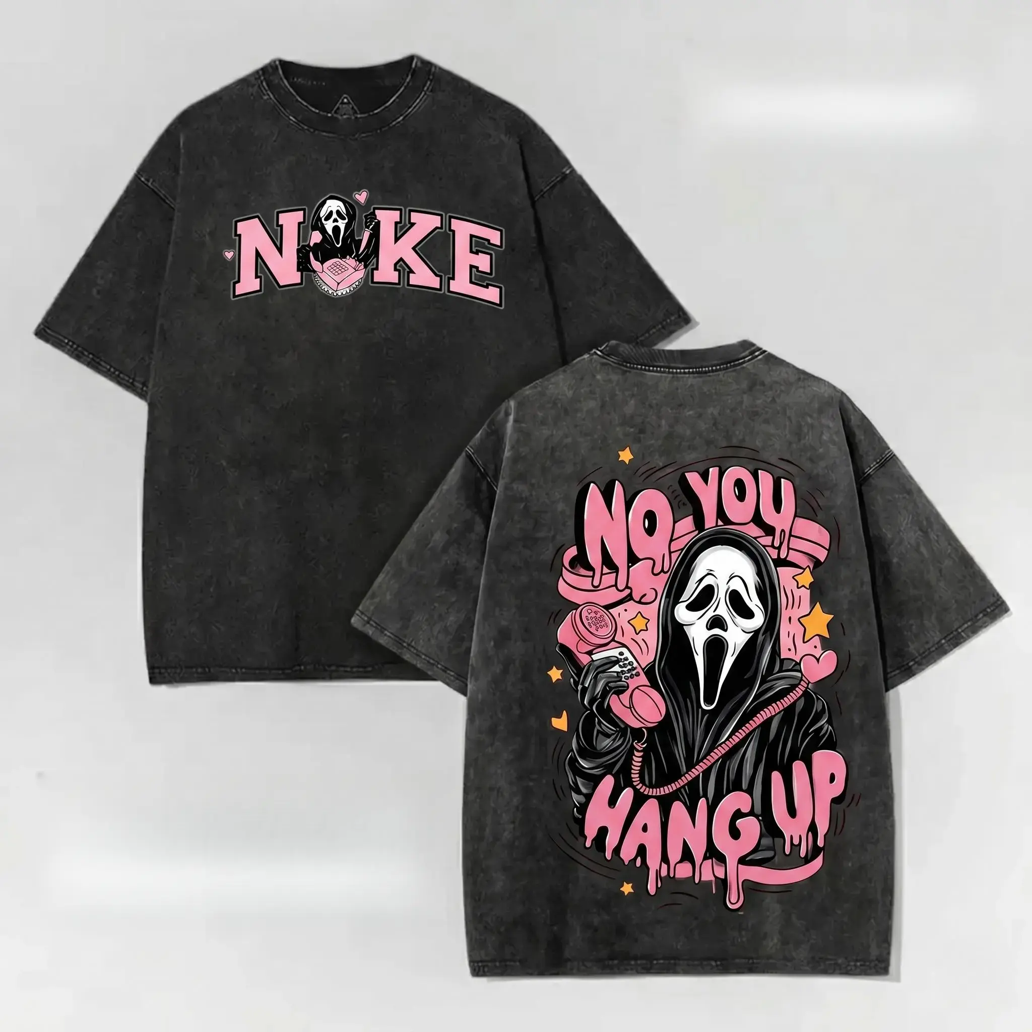Vintage Acid Wash "No You Hang Up" Graphic Tee |   Creepy Cute Ghost Oversized Shirt |   Cotton Y2K Parody Streetwear short-sleeved t-shirt men cottontees top vintage menswear loose fit summer casual shirt Tropical Crew Neck