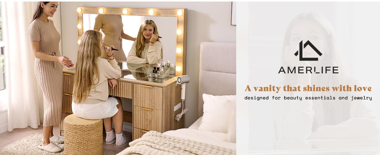 AMERLIFE 36.2/47.2" Fluted Vanity Desk with Mirror and Adjustable LED Lights, Large 4/7 Drawers Makeup Table with Glass Top and Charging Station for Women and Girls, Bedroom or Dorm/Best Gift Ideas/Christmas Gifts