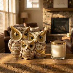 Golden Floral Owl Resin Decor, Textured Sandstone Owl Sculpture, Luxury Living Room Ornament, Handcrafted Owl Family Statue, Entryway Decor